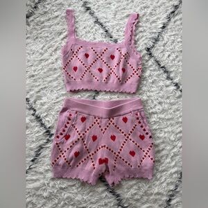 Sugar Thrillz by Dolls Kill Pink Heart Knit Crop Top & Shorts Matching Set